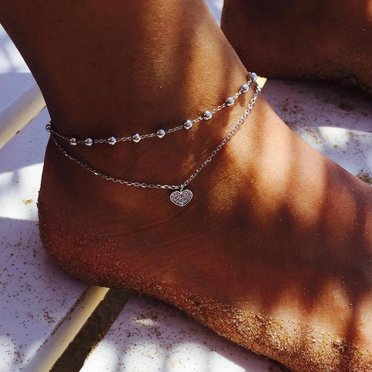 Double Anklet Silver Plated and Heart Charms